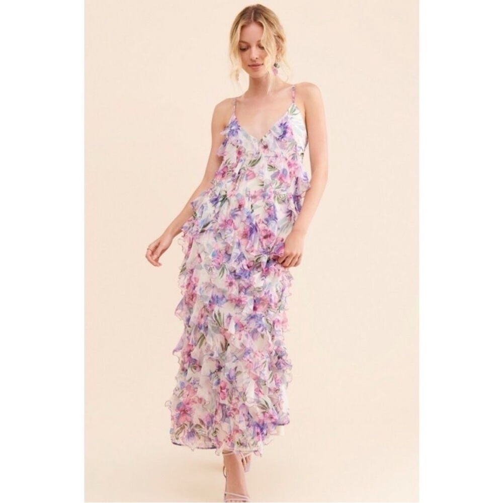 Anthropologie BHLDN Jia print bias cut ruffle Floral Maxi Dress